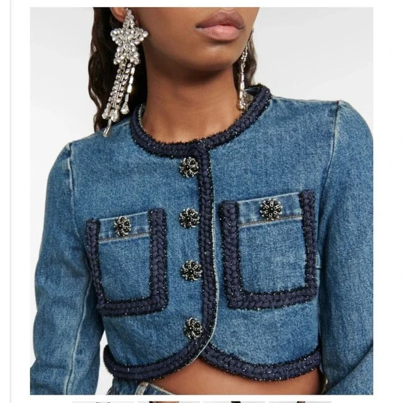 Self-Portrait‎ Denim Jacket Cropped Embellished Buttons Pockets Blue 10 - Picture 2 of 12